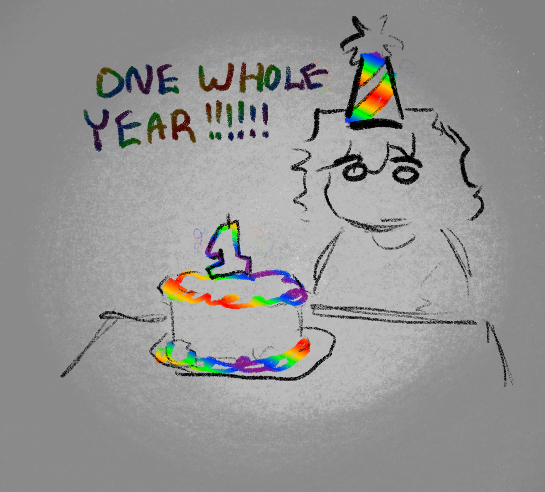 simple drawing of a long-haired person with a birthday hat, and a rainbow birthday cake.